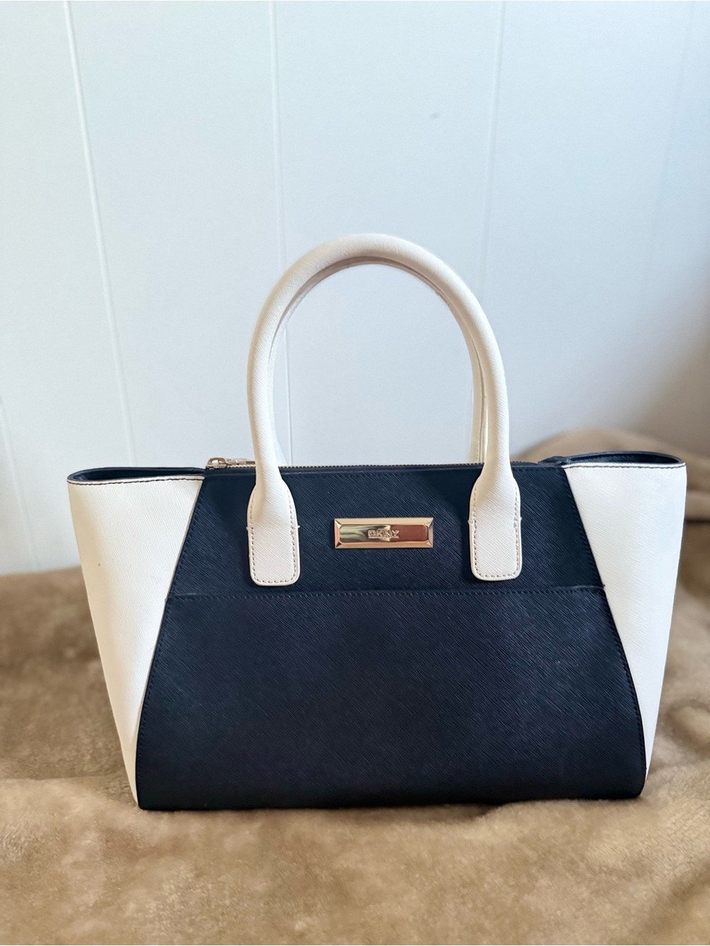 DKNY Black and White Two-Tone Structured Satchel with Gold Plaque
